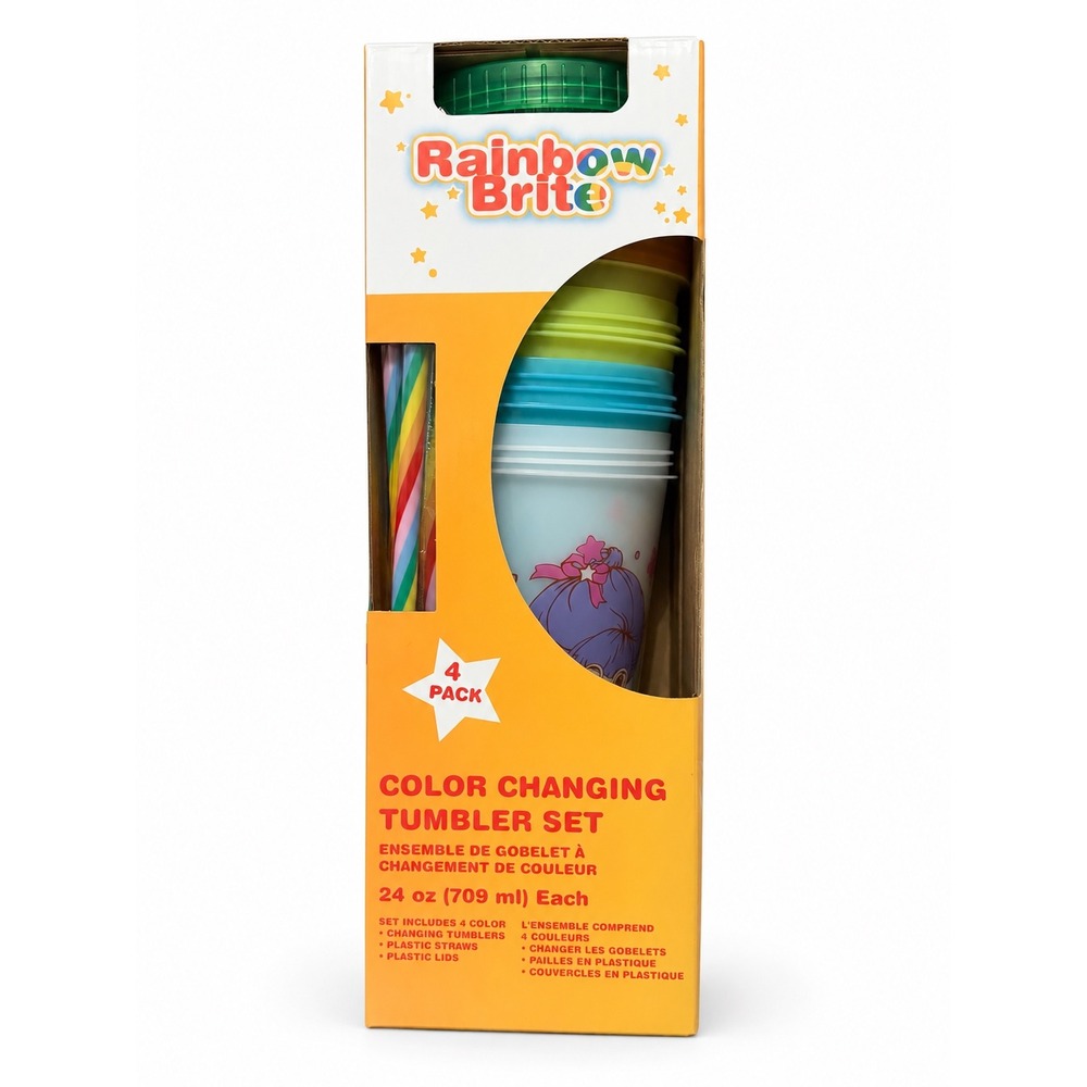 Rainbow Brite Color Changing Tumbler Set 4 Pack 24oz Plastic Cups Straws NEW